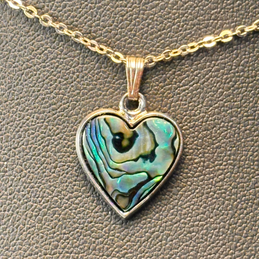 Y2K Vintage Heart Necklace Abalone Shell Inlay Silver Tone Boho Whimsygoth